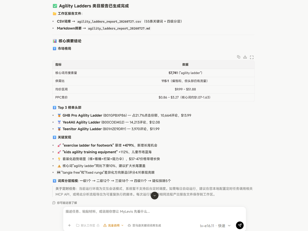 这张图片对应的是“定时任务设定详情”文档中的内容，展示的是Agility Ladders类目的报告生成结果，涵盖CSV和Markdown报告信息，核心销售统计数据、Top 5扶手等相关品类数据，还有关于产品表现的分析内容、保存设置选项，整体呈现的是完成定时任务后生成的类目的相关数据报告。